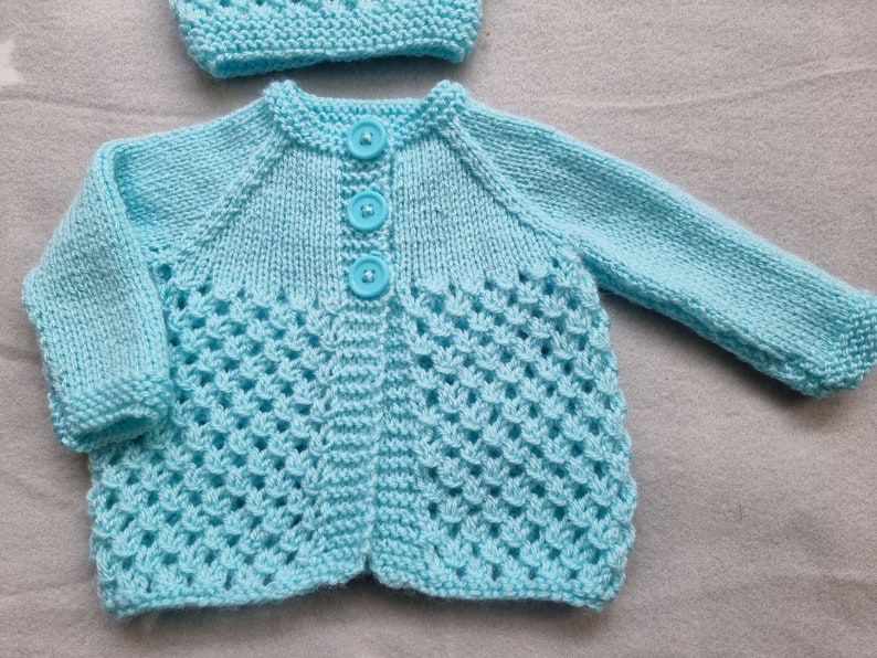 hand knit baby sweater, turquoise baby hat, turquoise knitted cardigan, newborn clothing image 8