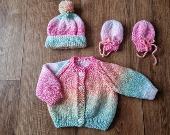 hand knit baby sweater, rainbow baby hat & mittens, knitted baby cardigan, knitted baby cap, newborn clothing