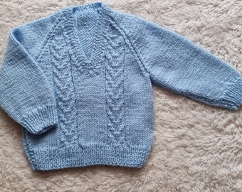 hand knitted baby jumper, knitted blue sweater, 6-12 month clothing