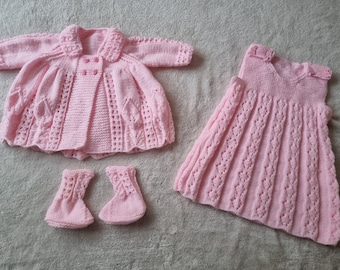 Knitted baby cardigan, pink baby sweater, handknit baby dress, knitted baby booties, sparkling pink set, 3-6 month