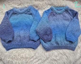hand knitted baby jumper, knitted blue mix  sweater, 18-24 month clothing
