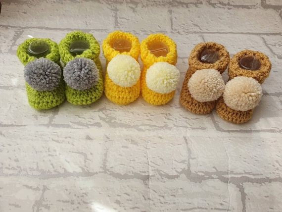 Green Pom Booties Crochet Booties Yellow Baby - Etsy