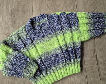 handknit boys sweater, knitted jumper, blue & green sweater, 12-18 month clothing