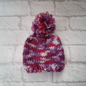 hand knit pom pom hat, baby girls cap, newborn hat