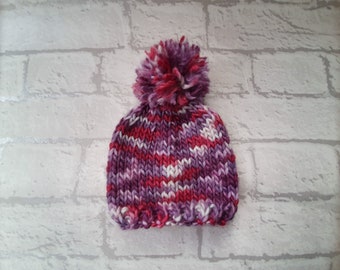 hand knit pom pom hat, baby girls cap, newborn hat