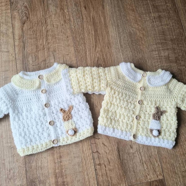 baby bunny cardigan, crochet baby sweater, white & lemon, newborn