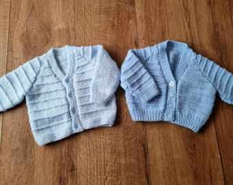 hand knit baby cardigan, blue baby sweater, 0-3 month clothing, infant boy sweater