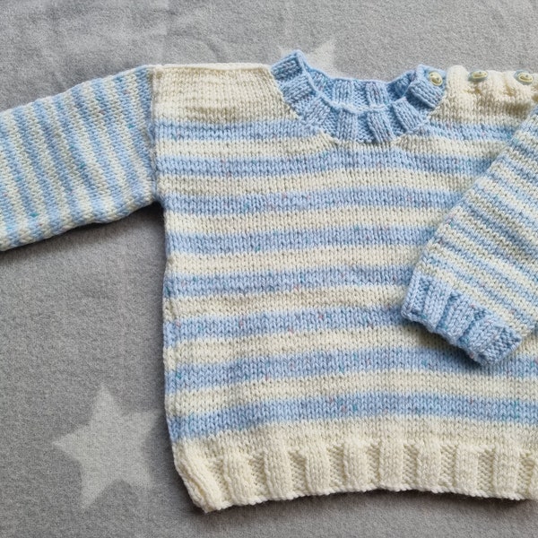 hand knit baby sweater, knitted baby jumper, blue & cream sweater, 6 - 12 month clothing