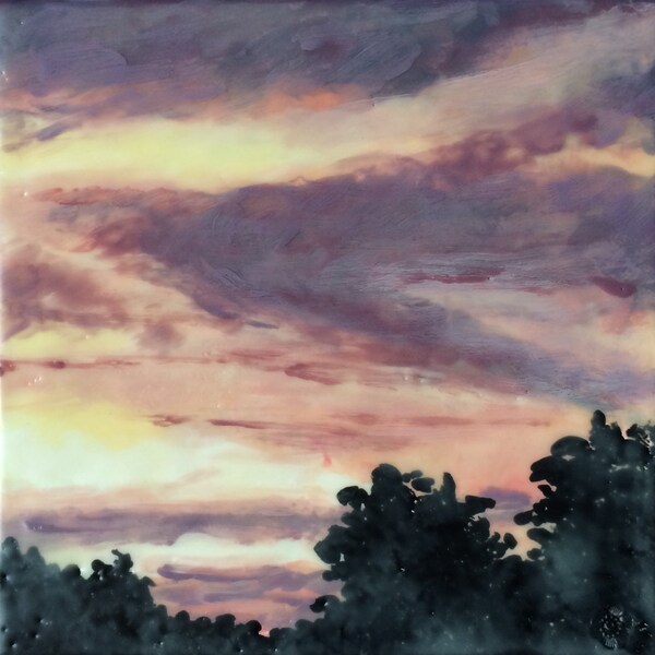 early friday morning - 6x6 - original encaustic painting peaceful, landscape, clouds