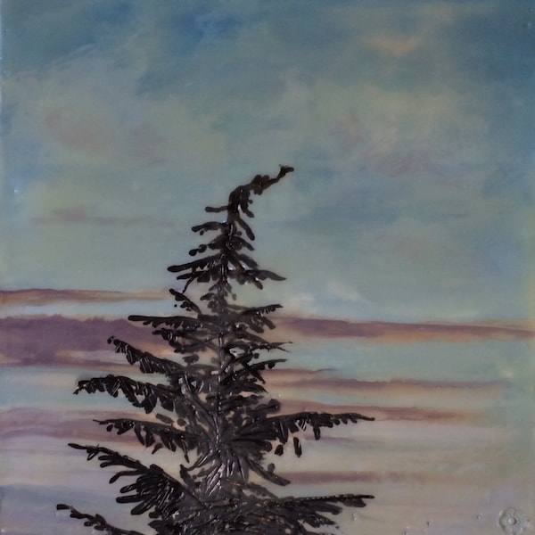 encausto -8 x 8-originale albero solo dipinto pacifica, Impressionista, paesaggio, nubi