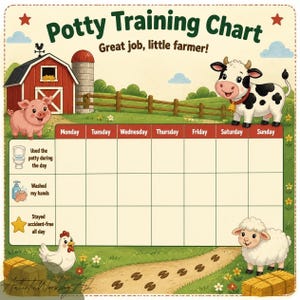 May include: A farm-themed potty training chart featuring a red barn, a pig, a cow, a chicken, and a sheep. The grid includes columns for Monday through Sunday and rows for potty use, hand washing, and accident-free days with the text Potty Training Chart.