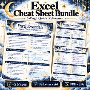 May include: A 5-page Excel Cheat Sheet Bundle featuring a dark blue night sky theme with gold moons and stars. The pages contain text including Excel Essentials, Essential Excel Formulas, and Excel Shortcuts & Common Fixes.