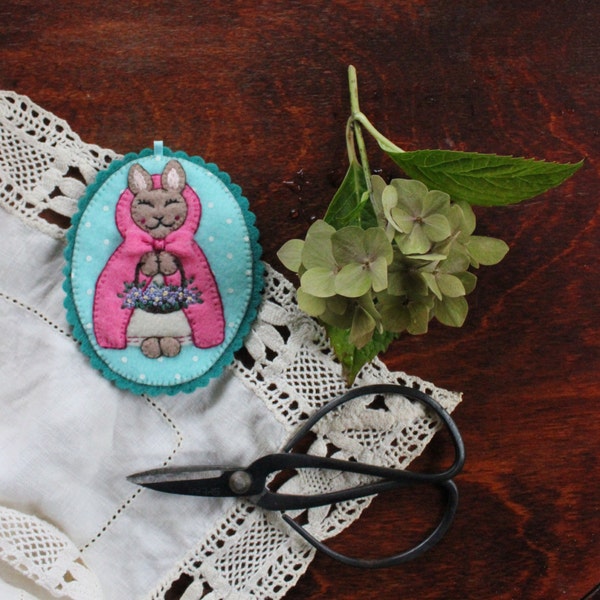 Easter Rabbit- Hand cut and embroidered coffee felt bunny on mint Eco Felt, with forgetmenots in a basket