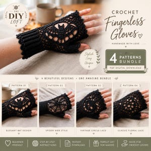 May include: A digital download bundle of four crochet fingerless glove patterns featuring black lace designs. The patterns include an elegant bat motif, a spider web style, a vintage circle lace, and a classic floral lace, all presented in a PDF format.