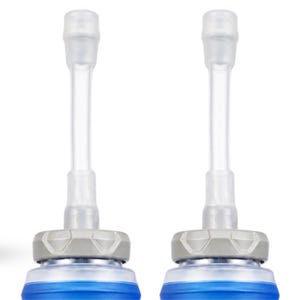 May include: Two identical hydration flask components featuring a clear, flexible silicone straw extending upward from a grey, faceted plastic cap. The base of each unit is a blue, semi-transparent material with a smooth, rounded, and cylindrical shape.
