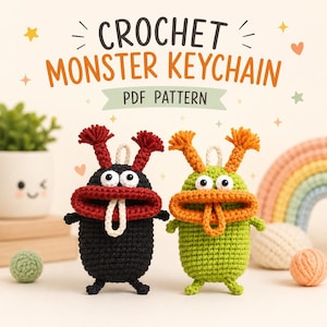 May include: Two crochet monster keychains, one black with red accents and one lime green with orange accents, each featuring large white eyes, a wide mouth with a protruding tongue, and two antennae. The text reads CROCHET MONSTER KEYCHAIN PDF PATTERN.