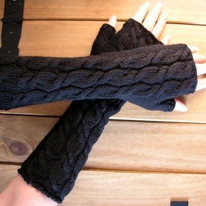 Black fingerless gloves wrist warmers long merino wool