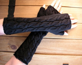 Black fingerless gloves wrist warmers long merino wool