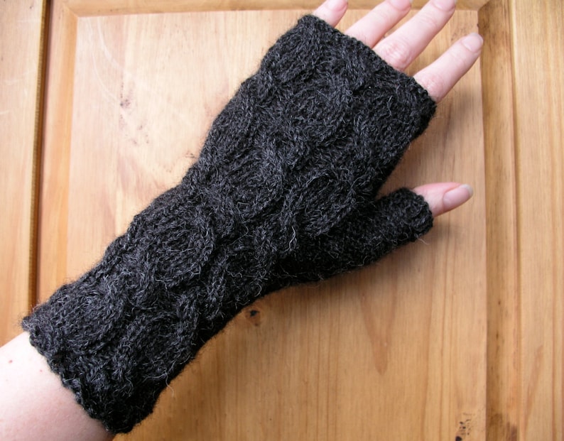 Alpaca fingerless gloves / wrist warmers hand knitted charcoal image 1