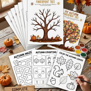 Könnte beinhalten: Ein 10-seitiges Herbst-Aktivitätenpaket mit druckbaren Blättern für Fingerabdruck-Bäume, Labyrinthe, Zählübungen und Ausmalbilder. Die Seiten enthalten Texte wie My Autumn Fingerprint Tree, Autumn Maze, Autumn Counting und Color the Autumn Leaves.