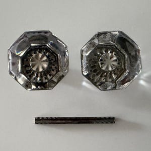 Vintage 8 Point Clear Glass Door Knob Set Nickel Plated Brass Collars & Spindle
