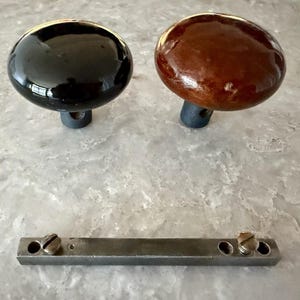 Antique Porcelain Door Knob Set Black & Brown Marbleized w Spindle