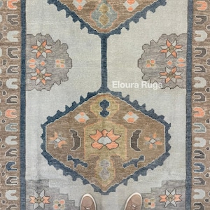 Tapete passadeira Oushak feito à mão, 2x6, 3x8, azul e bege, estilo turco vintage, para corredor, tapete comprido e estreito, passadeira tradicional de lã.