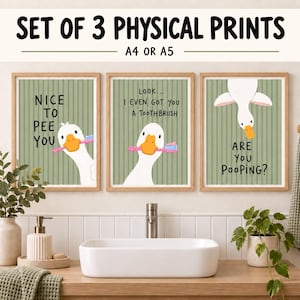 May include: A set of three physical prints in A4 or A5 size featuring white geese on a green striped background. The first print says NICE TO PEE YOU, the second says LOOK... I EVEN GOT YOU A TOOTHBRUSH, and the third says ARE YOU POOPING?