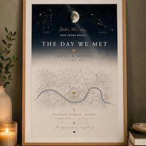 May include: A framed vertical poster featuring a night sky with the moon and constellations Orion and Taurus above the text Under this sky. OUR STORY BEGAN THE DAY WE MET JAMES & SOPHIE 22 APRIL 2018, a map of London, and coordinates.