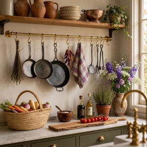 May include: A kitchen scene featuring a brass rail with hanging metal pans, a plaid towel, and utensils. Below, a woven basket holds root vegetables, alongside a wooden cutting board with cherry tomatoes, glass bottles, and a potted herb plant.