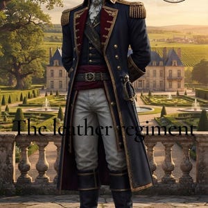 May include: A navy blue military-style long coat with gold trim, red lapels, and gold epaulets, worn over a white shirt, a dark vest, a red sash, and light-colored trousers. Black leather boots and a sword are visible. Text reads The Leather Regiment.