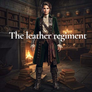 Peut inclure: Un manteau de style militaire en velours vert foncé avec des boutons métalliques, une chemise à volants crème et une écharpe à motifs. La tenue comprend un pantalon sombre et des bottes en cuir marron. Le texte "The leather regiment" est superposé.
