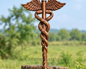 Handmade Wooden Caduceus Staff, Carved Snake and Winged Staff, Fantasy Wizard Walking Stick, Symbolic Staff, Unique Medical Gift