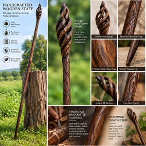 Puede incluir: Un bast&oacute;n de madera hecho a mano con acabado marr&oacute;n oscuro, que presenta una parte superior tallada en espiral tipo jaula y patrones geom&eacute;tricos intrincados a lo largo del eje. El bast&oacute;n tiene una punta c&oacute;nica y veta de madera visible.