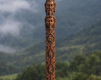 May include: A tall, brown, carved wooden staff featuring a top crown element, a skull, and two human faces stacked vertically. The shaft is decorated with intricate relief patterns and five distinct Tibetan script characters.