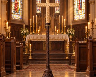 May include: A tall, freestanding processional cross featuring a light-colored wooden crossbar with intricate floral carvings and a central circular motif, mounted on a dark, textured wooden pole and a wide, ornate, matching circular base.
