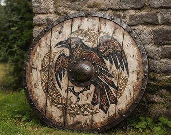 May include: A circular wooden shield featuring a dark metal rim and a central metal boss. The surface displays a painted black and brown raven illustration surrounded by intricate knotwork patterns, with visible vertical wood grain planks.