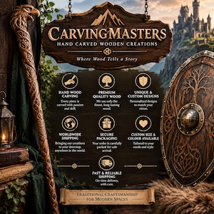 Może przedstawiać: Drewniany szyld z napisem CARVINGMASTERS HAND CARVED WOODEN CREATIONS, przedstawiający rzeźbioną laskę z głową orła po lewej stronie oraz okrągłą drewnianą tarczę z motywem drzewa po prawej, wraz z ikonami i tekstem opisującym usługi rzeźbienia.