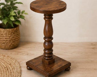 Mesa auxiliar de madera hecha a mano, redonda, estilo vintage, para plantas y café, de nogal oscuro, decoración rústica para el hogar.