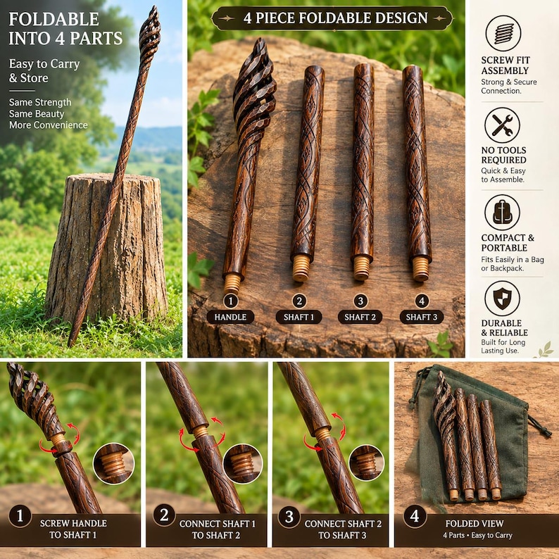 Puede incluir: Un bast&oacute;n de madera marr&oacute;n oscuro con un dise&ntilde;o plegable de cuatro partes y ensamblaje de rosca. El mango tiene una parte superior en espiral tallada y el eje est&aacute; grabado con un patr&oacute;n de diamantes. Incluye una bolsa de transporte.
