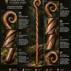 Może przedstawiać: Ręcznie wykonany drewniany kostur ze spiralnym zakończeniem i skręconym trzonem. Obraz zawiera napisy: Handcrafted Wooden Staff, Solid Premium Wood, Handcrafted Details, Durable & Long Lasting, Unique Spiral Design, Natural Wood Grain, Smooth Finish oraz Traditional Craftsmanship.