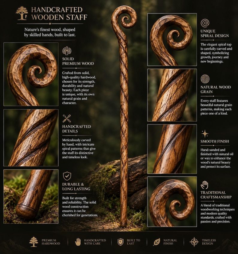 Może przedstawiać: Ręcznie wykonany drewniany kostur ze spiralnym zakończeniem i skręconym trzonem. Obraz zawiera napisy: Handcrafted Wooden Staff, Solid Premium Wood, Handcrafted Details, Durable & Long Lasting, Unique Spiral Design, Natural Wood Grain, Smooth Finish oraz Traditional Craftsmanship.