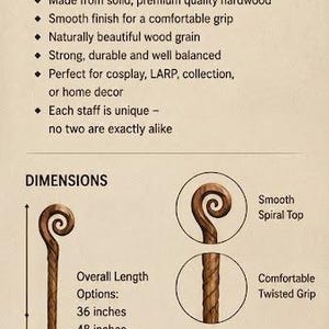 Może przedstawiać: Drewniana laska czarodzieja z gładką spiralną końc&oacute;wką, skręcanym uchwytem i zaokrąglonym końcem. Tekst zawiera WOODEN WIZARD STAFF, Handcrafted, Mystical, Timeless oraz wymienia opcje długości 36, 48, 60 i 72 cali wraz ze szczeg&oacute;łami.