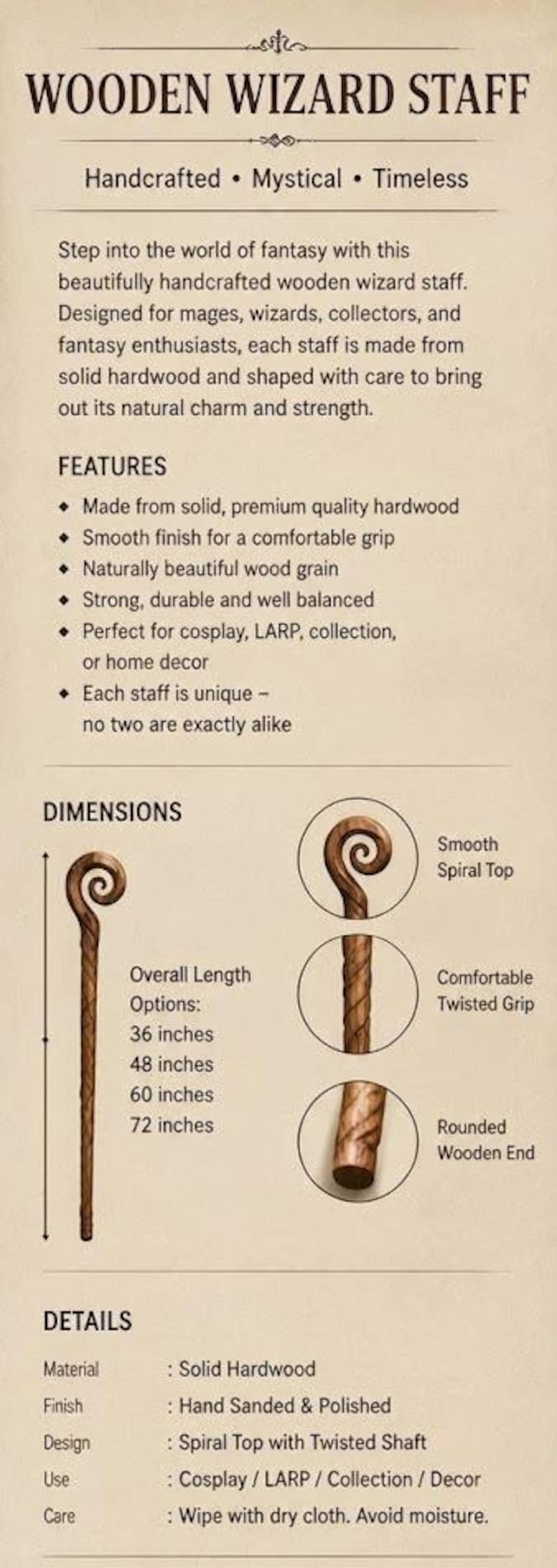 Może przedstawiać: Drewniana laska czarodzieja z gładką spiralną końc&oacute;wką, skręcanym uchwytem i zaokrąglonym końcem. Tekst zawiera WOODEN WIZARD STAFF, Handcrafted, Mystical, Timeless oraz wymienia opcje długości 36, 48, 60 i 72 cali wraz ze szczeg&oacute;łami.