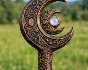 Handmade Wooden Moon Staff with White Stone, Crescent Moon Magic Wizard Staff, Carved Fantasy Walking Stick, Gothic Celestial Cosplay Prop