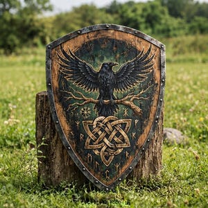 May include: A wooden shield with a metal rim featuring a painted black raven perched on a branch above a gold-colored Celtic knot design. The shield surface displays weathered wood grain, intricate runic symbols, and a dark green background.