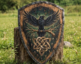 May include: A wooden shield with a metal rim featuring a painted black raven perched on a branch above a gold-colored Celtic knot design. The shield surface displays weathered wood grain, intricate runic symbols, and a dark green background.