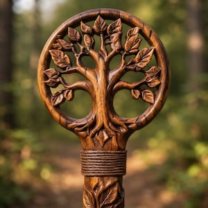 May include: A dark brown wooden staff featuring a circular top carved with a detailed tree design. The tree has intricate branches and leaves enclosed within the circle. Below the circle, the shaft is wrapped with a textured cord detail.