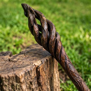 Puede incluir: Un bast&oacute;n de madera tallado a mano con un acabado marr&oacute;n oscuro y un dise&ntilde;o complejo en espiral calado en la parte superior. La superficie de la madera muestra facetas visibles y ranuras texturizadas a lo largo del mango y la cabeza retorcida.