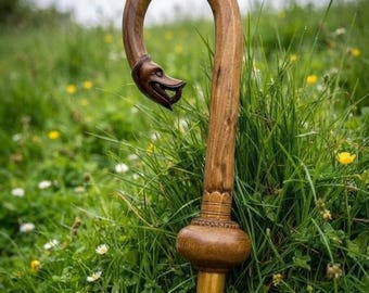 May include: A brown wooden walking stick featuring a carved animal head at the top of the curved handle. The shaft includes a rounded decorative collar with intricate detailing below the curve, showcasing natural wood grain and smooth finish.